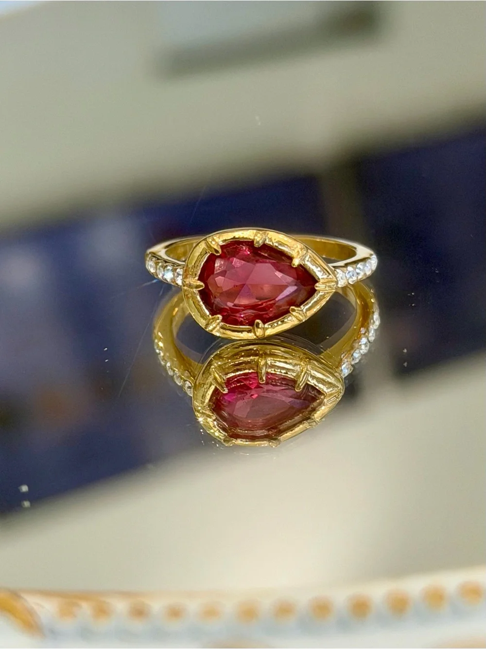 New Rubellite-Inspired In Gold Tone Pear Cut Pink Tourmaline CZ Ring in 7